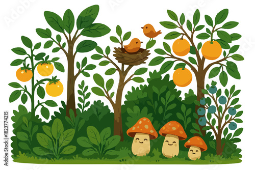 Lush Food Forest. Food forest scene with layered plants, glowing fruits, happy mushrooms, and birds nesting in branches No text,