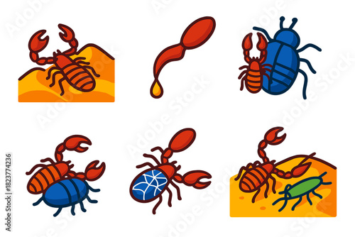 Colorful Pseudoscorpions Icons. Isometric vector illustration set Pseudoscorpions: desert pseudoscorpions, venom glands, phoretic