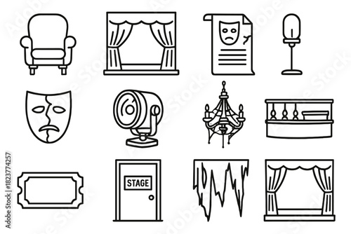 Ghostly Theater Icons. Line style icons of forgotten theater: velvet seat, stage curtain, old playbill, ghost light; cracked mask,