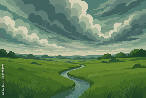 Serene Green Field. Scenic shot of a green field with a small winding stream under a vector illustration dramatic cloudy sky,