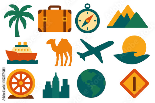 Vintage Travel Icons. Flat vector icons of Vintage Travel Posters: palm tree, suitcase, compass, mountain, ocean liner, desert