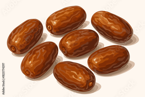 Shiny Fresh Dates. Plump fresh dates displayed on a white surface, earthy brown tones with a glossy finish, natural lighting