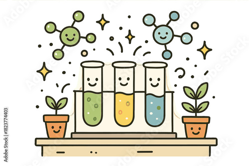Whimsical Science Lab. Cheerful doodle plant-based drug discovery lab with smiling test tubes, cartoon molecules forming, tiny