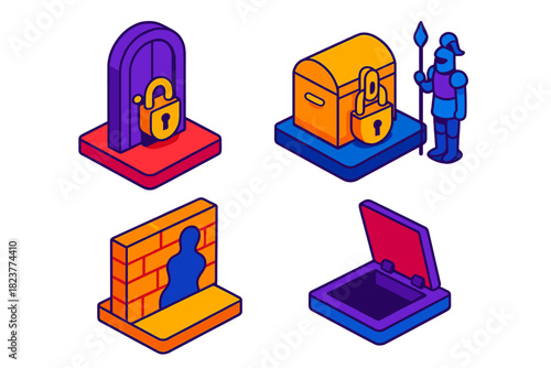 Mind Palace Security. Isometric vector illustration set Mind Palace Security: Locked door of fact, guarded knowledge box, illusion