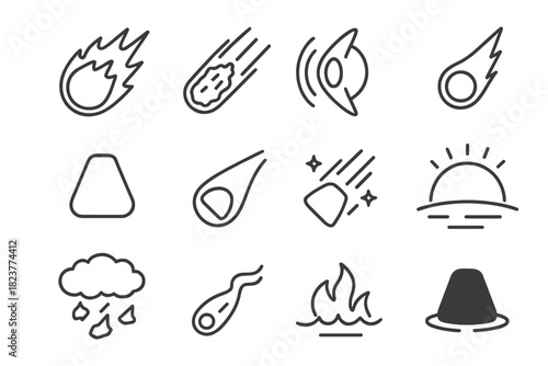 Cosmic Reentry Icons. Line style icons of cosmic reentry: fireball, streaking debris, sonic boom, bright meteor; capsule