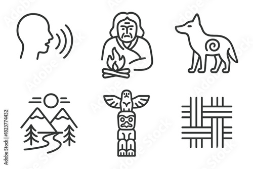 Indigenous Storytelling Icons. Line style icons of Indigenous Storytelling: oral tradition symbol, elder figure with fire,
