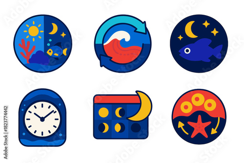 Marine Chronobiology Icons. Isometric vector illustration set Chronobiology of marine organisms: coral reef cycles, tidal movement