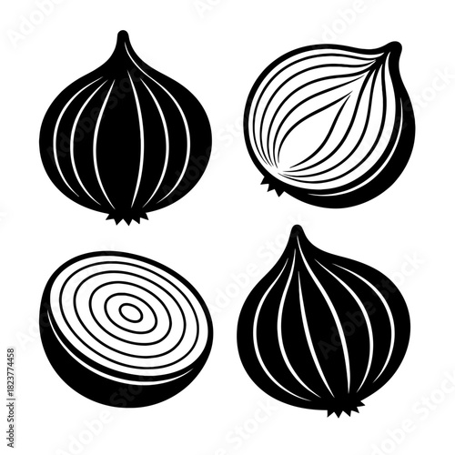 Minimalist black & white vector onion icons: two whole, one half-cut, one cross-section illustrating inner layers. Ideal for culinary branding, food blogs, recipe sites, kitchen decor