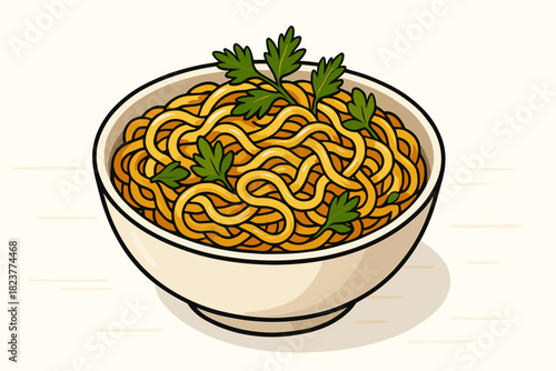 Herb-Garnished Noodle Bowl. Bowl of freshly cooked noodles garnished with herbs on a clean white vector illustration table,