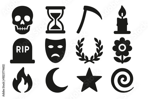 Mortality Symbols Icons. Solid style icons of cultural symbols of mortality: skull, hourglass, scythe, candle, tombstone, mask,