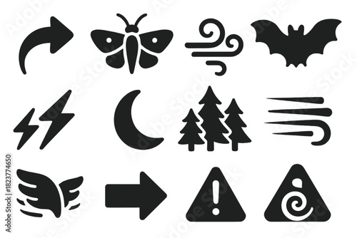Evasive Flight Icons. Solid style icons of evasive flight and maneuvering: curved arrow, flying moth, wind swirl, bat silhouette,