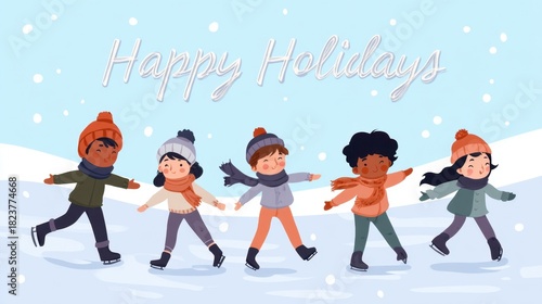 Joyful children ice skating during festive holidays in winter scene