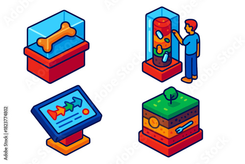 Futuristic Museum Exhibit. Isometric vector illustration set Museum of Human Epoch: Displayed plastic fossil, interactive sediment