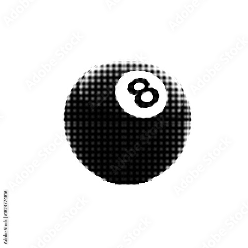 Halftone illustration of a classic black billiard 8 ball. Minimal monochrome design symbolizing luck, game, prediction and retro style.
