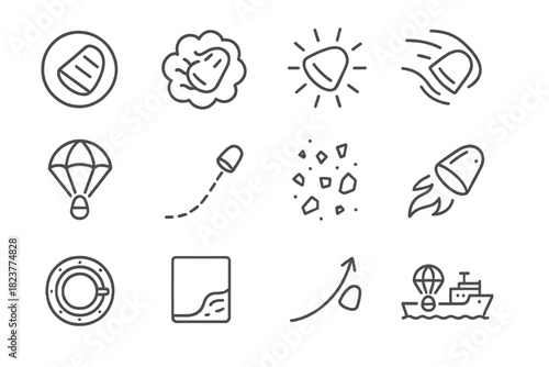 Reentry Process Icons. Line style icons of reentry process: heat shield, plasma cloud, glowing capsule, shockwave; parachute,