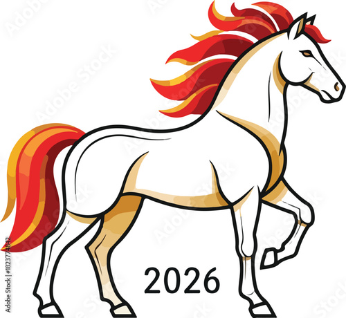 A white stylized horse with a red and gold mane and tail stands above the number 2026