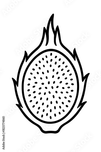 Monochrome illustration of a perfectly halved dragon fruit, showcasing its pristine white flesh and numerous black seeds against a dark gradient background.