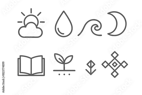 Folk Meteorology Icons. Line style icons of Folk Meteorology: Weather Forecast, Planting Guide, Tide Chart, Folklore; Sun, Cloud,