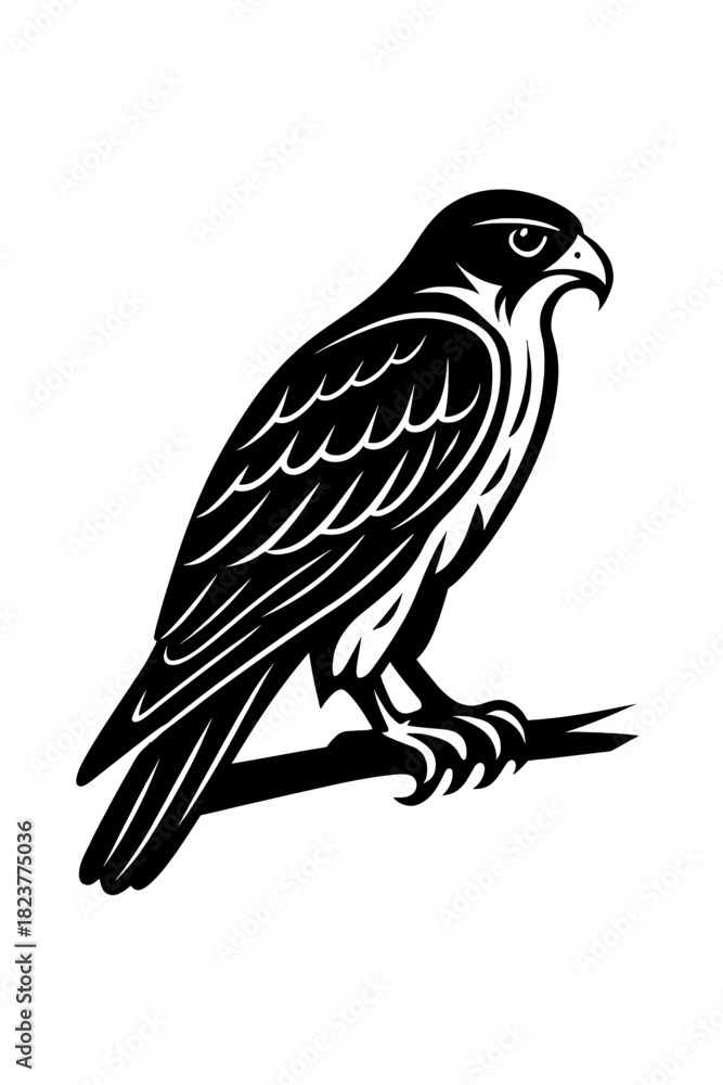 Fototapeta premium Striking black and white stylized illustration of a majestic falcon or hawk perched with powerful presence, featuring sharp details and a minimalist graphic design, ideal for iconic logos, emblems
