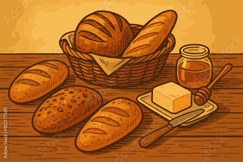 Rustic Bread Delight. Rustic table filled with freshly baked bread, butter, and honey vector illustration under warm light,