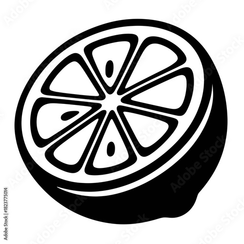 Sleek Dark Minimalist Citrus Slice Vector Art. Abstract Silhouette of a Lemon or Lime Half with a Subtle Glowing Outline on a Black Background. Modern Graphic Design for Elegant Branding, Digital Art