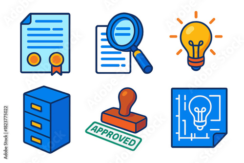 Patent Process Icons. Isometric vector illustration set Patent Application Process: patent form, magnifying glass on document,
