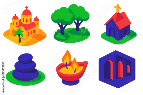 Silent History Icons. Isometric vector illustration set History of silence: desert monasteries, sacred groves, quiet chapels,