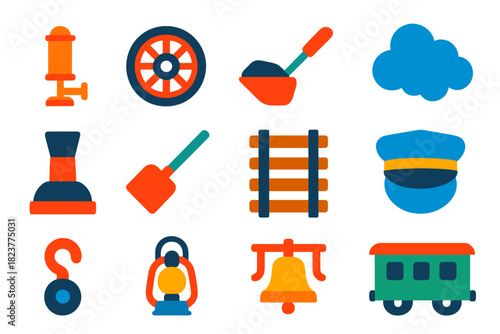 Steam Locomotive Icons. Flat vector icons of Steam Locomotive: whistle, drive wheel, cowcatcher, steam cloud, smokestack, coal