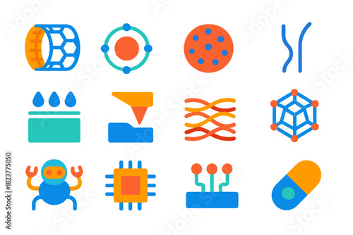 Bright Nanomaterials Icons. Flat vector icons of nanomaterials: carbon nanotube, quantum dot, nanoparticle sphere, nanowire,