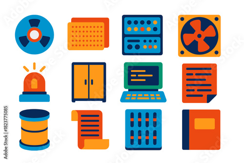Mainframe Era Icons. Flat vector icons of Mainframe Era: tape reel, punch card stack, console panel, cooling fan, blinking light,