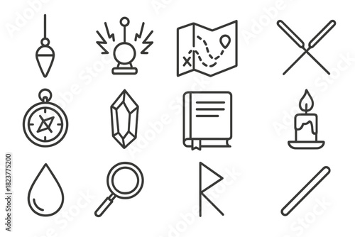 Mystical Mapping Icons. Line style icons of Mystical Mapping: Pendulum, Energy Sensor, Map Guidance, Unusual Practice; Compass,