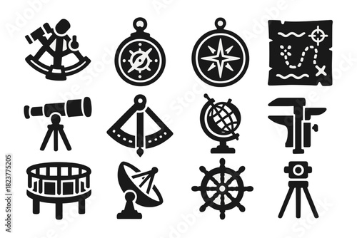 Steampunk Navigation Icons. Solid style icons of Steampunk navigation: sextant, astrolabe, compass rose, nautical chart, telescope
