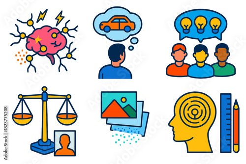 Brain Memory Icons. Isometric vector illustration set Philosophy of memory: brain neurons firing, event recall icons, group memory