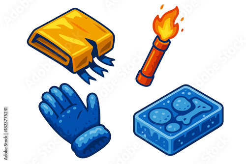 Winter Survival Essentials. Isometric vector illustration set Survival Against the Cold: Torn thermal blanket, emergency flare,