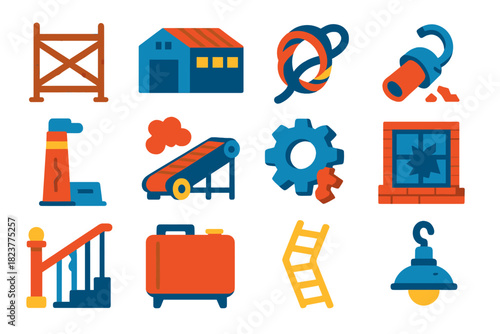 Post-Industrial Icons. Flat vector icons of Post-Industrial Scenes: rusted scaffolding, abandoned warehouse, twisted cable,