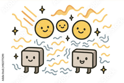 Cheerful Nanosensor Doodles. Cute doodle nanoscale sensor illustration with cheerful plasmonic particles, cartoon detectors with