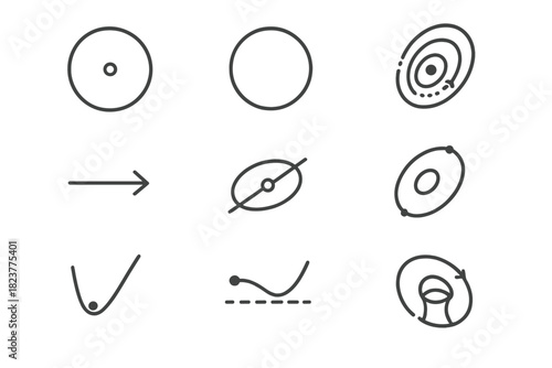 Orbital Mechanics Icons. Line style icons of orbital mechanics: circular orbit, elliptical orbit, decaying orbit, transfer path;