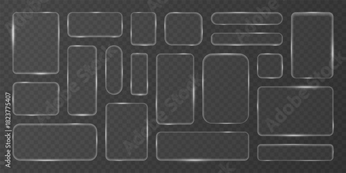 Glassmorphism elements set. Liquid glass effect boxes. Rectangle, square, rounded shapes. Abstract frosted 3d border for modern ui displays, screen. Futuristic digital vector transparent button