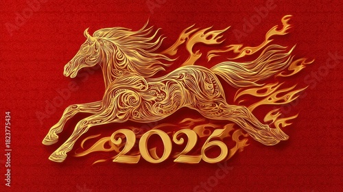 Golden Horse Design with Flames for New Year 2026 Celebration