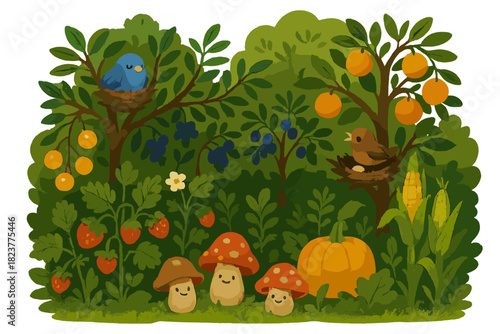 Lush Food Forest. Food forest scene with layered plants, glowing fruits, happy mushrooms, and birds nesting in branches No text,