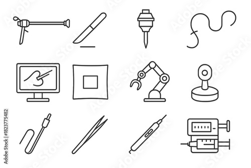 Minimally Invasive Surgery Icons. Line style icons of minimally invasive surgery: laparoscope, incision tool, trocar, suture;