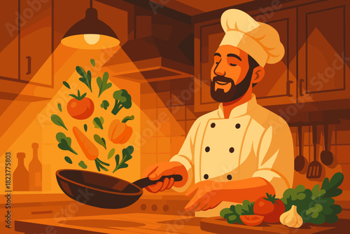 Chef's Dynamic Kitchen. Atmospheric kitchen with a chef tossing fresh vegetables in a skillet, illuminated by warm vector