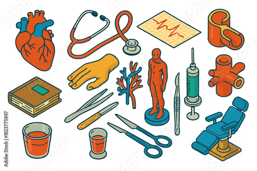 Vintage Cardiology Icons. Isometric vector illustration set Vintage Cardiology: classic heart anatomy, stethoscope tubing, EKG