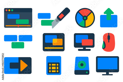 Post-Production Editing Icons. Flat vector icons of post-production editing: editing software screen, timeline with clips, cutting