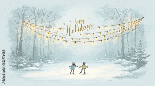Joyful Winter Scene with Ice Skaters and Holiday Decorations