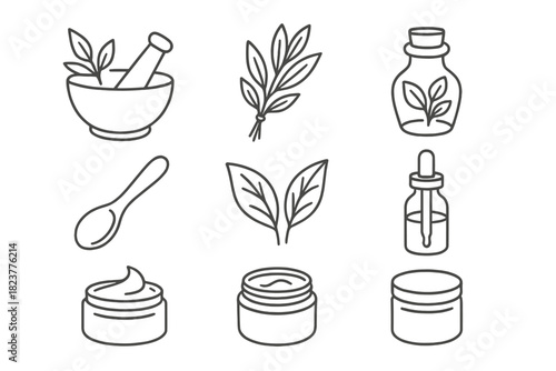 Botanical Remedy Icons. Line style icons of Botanical Remedy: Medicinal Herb, Folk Medicine, Preparation Tools, Ancient Potion;