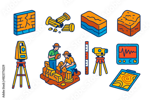 Archaeoseismology Illustration Set. Isometric vector illustration set Archaeoseismology: fractured walls, collapsed columns, soil