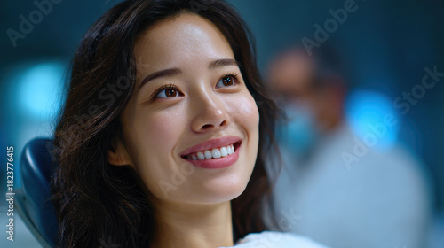 Wallpaper Mural Smiling woman with clear skin and dark hair looking up with bright eyes in softly lit indoor setting Torontodigital.ca