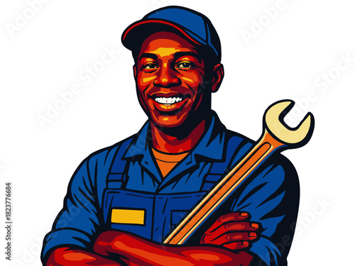 male mechanic in uniform holding a wrench, symbolizing skill, labor, and technical work. Generative ai vector colorful pop art illustration.