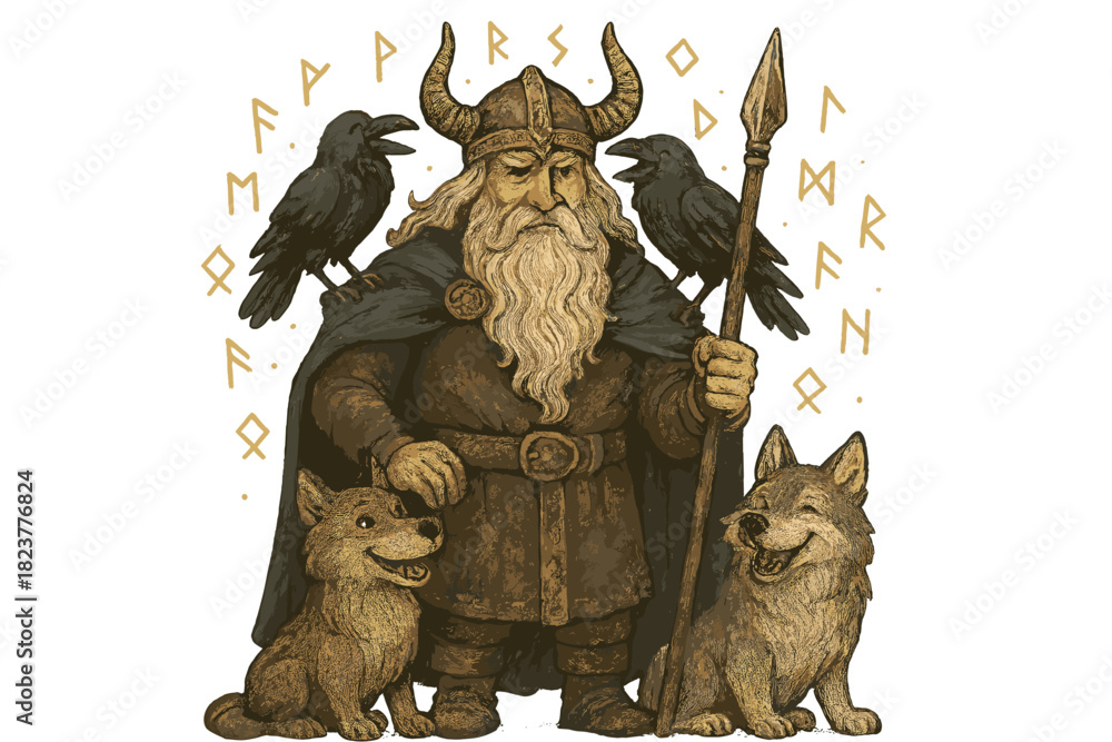 Obraz premium Odin's Mystical Companions. Odin with two cheerful ravens whispering secrets, wolves smiling at his feet, and runes floating in
